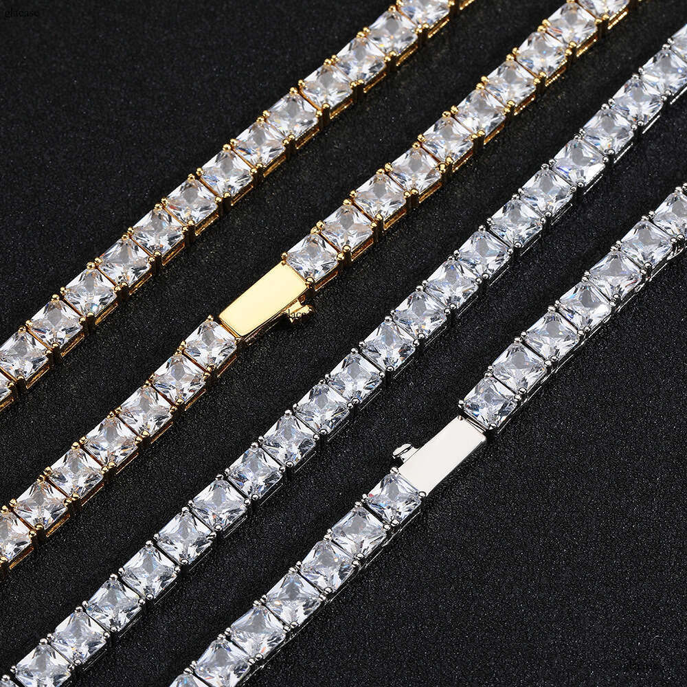 Hip Hop 5.5mm Spring Buckle Tennis Square Moissanite chain Men's Necklace Jewelry Accessories