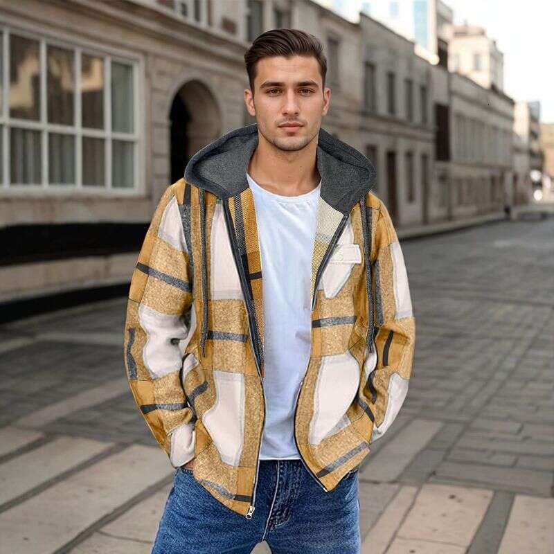 Men's Flannel Woolen Jacket Zipper Hoodie Winter Warm Hooded Coat