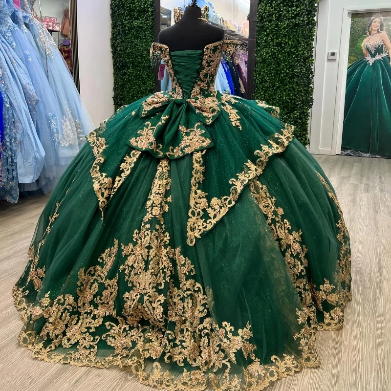 Blacking Green Shiny Quinceanera Dresses Ball Gown Off The Shoulder Gold Applique Lace Beads Tull Party Birthday Sweet 16 Dress Vestidos 15 Anos