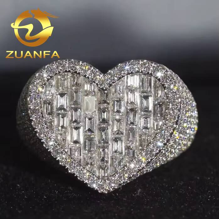 New Custom Moissanite Ring for Men Iced Out Hip Hop Ring Heart Fashion 925 Sterling Silver Men Diamond Ring