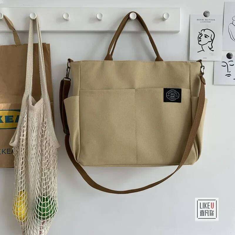 Japanese Multi-pocket Handbag Large-capacity Canvas Tote Simple School lady bag One-shoulder Men's and Women's Messenger Bag