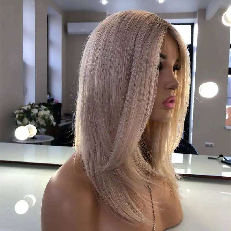 Natural Straightl Bob Women Platinum Blonde Colored With Dark Roots Synthetic HD Lace Front Wig For Woman Girl Lady Daily