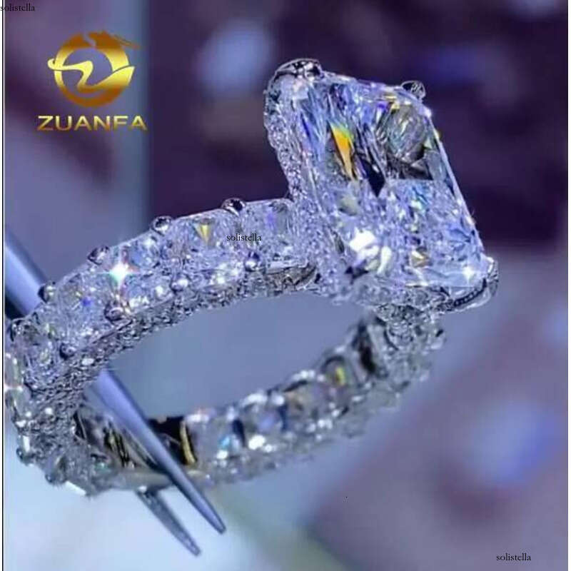 Wedding Radiant Cut Full Moissanite Band sier Engagement Ring Custom Design