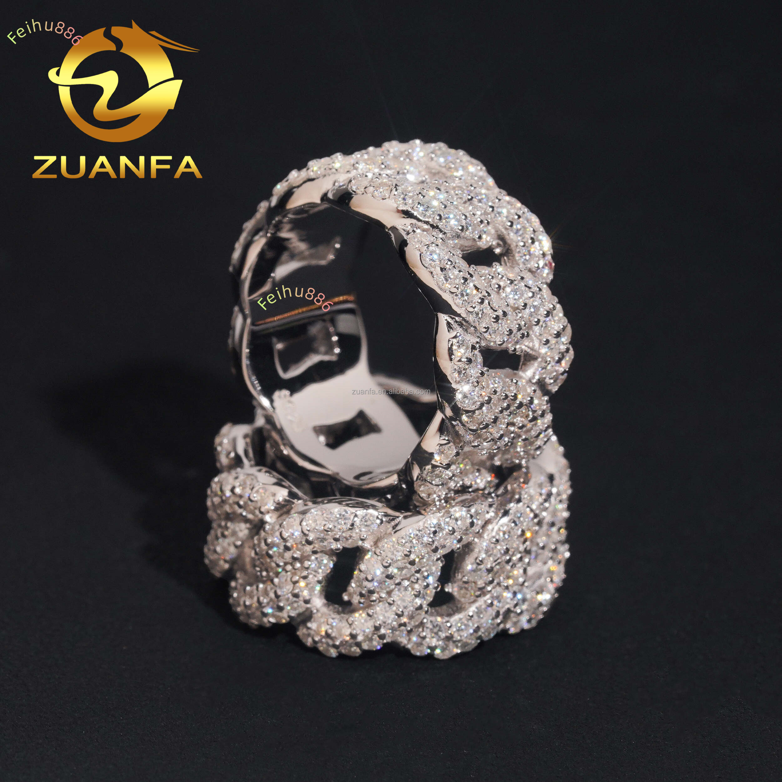 New Design Fashion 2Rows Stone S925 Sterling Silver Hip Hop Iced Out White Gold Plated VVS1 Moissanite Miami Cuban Band Ring Man