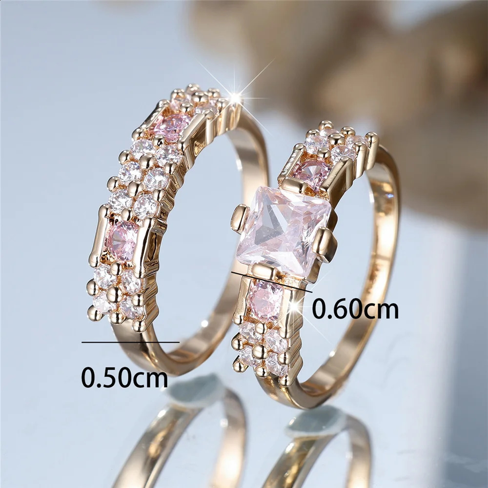 Crystal Female White Pink Zircon Stone Ring Set Gold Color Bridal Wedding Promise Love Engagement Jewelry For Women 250807