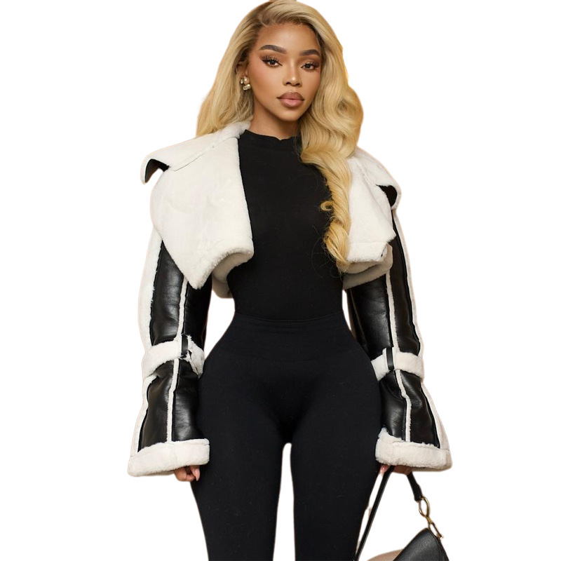 2025 Autumn New Womens Fashion Street PU Leather Patchwork Fur Collar Short Cropped Jacket