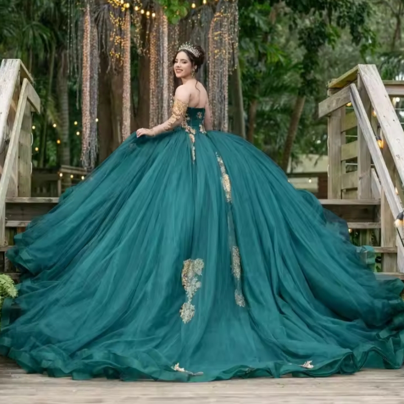 Green Quinceanera Dresses Ball Gown Off The Shoulder Gold Applique Beads Tull Corset Party Birthday Sweet 16 Vestidos 15 Anos