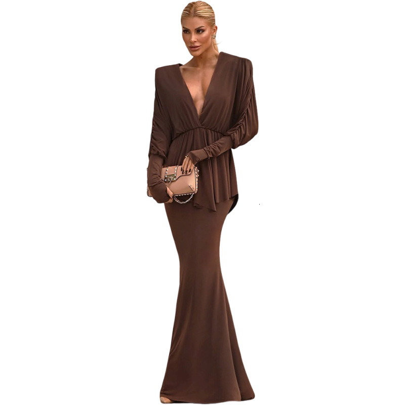 2025 Summer New Fashion Sexy V-Neck Ruched Top Bodycon Long Skirt Set for Women