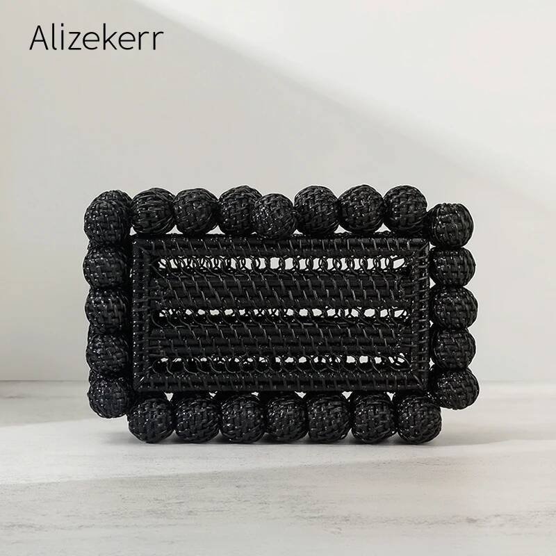 Alizekerr Beaded Hollow Out Wicker Bags Women Summer Designer Hand Woven Square Beach Straw Handbags Bohemian Holiday