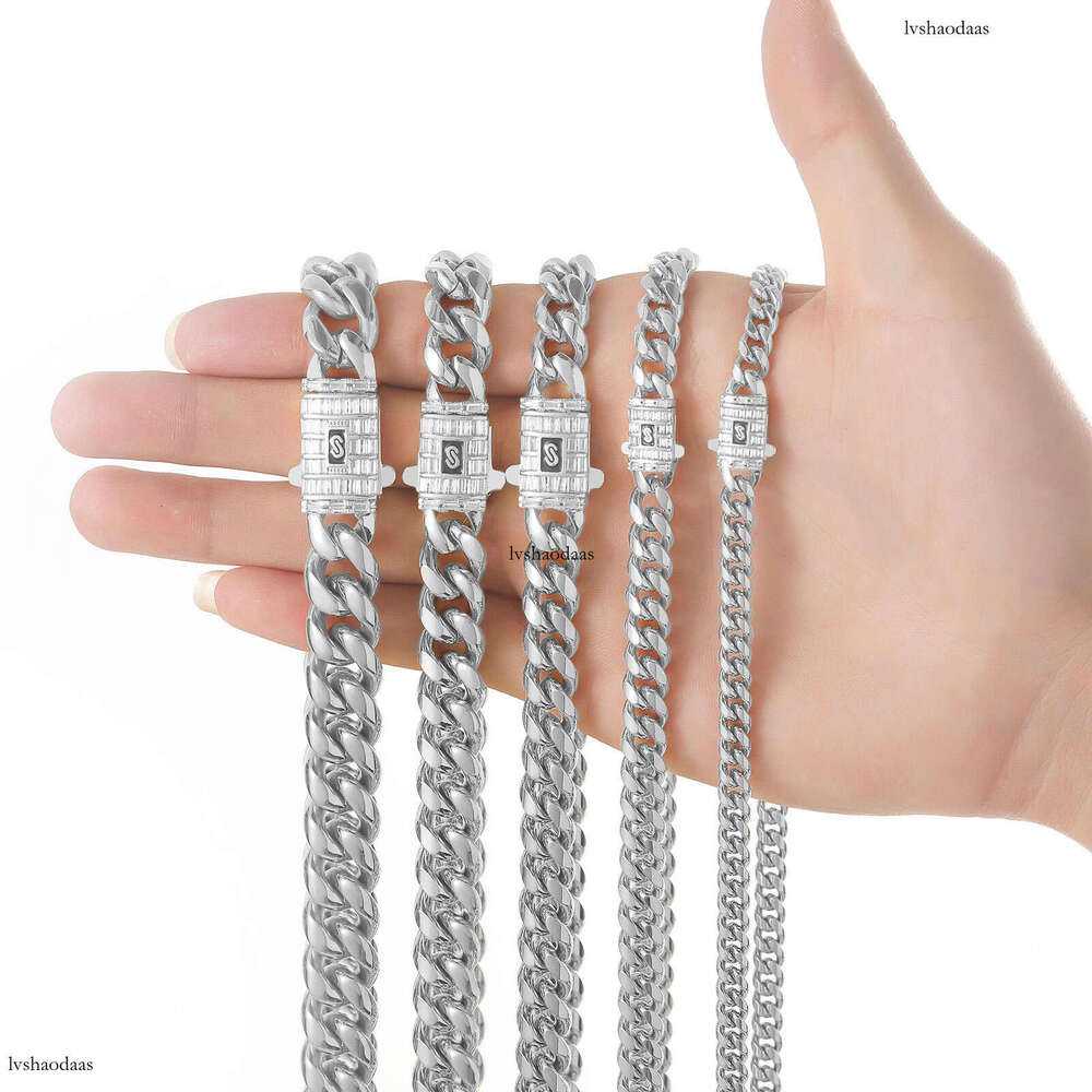 Stainless 6-14mm Cuban Chain Titanium Steel Round Polished Encrusted Moissanite chain Buckle Men's Hip Hop Necklace