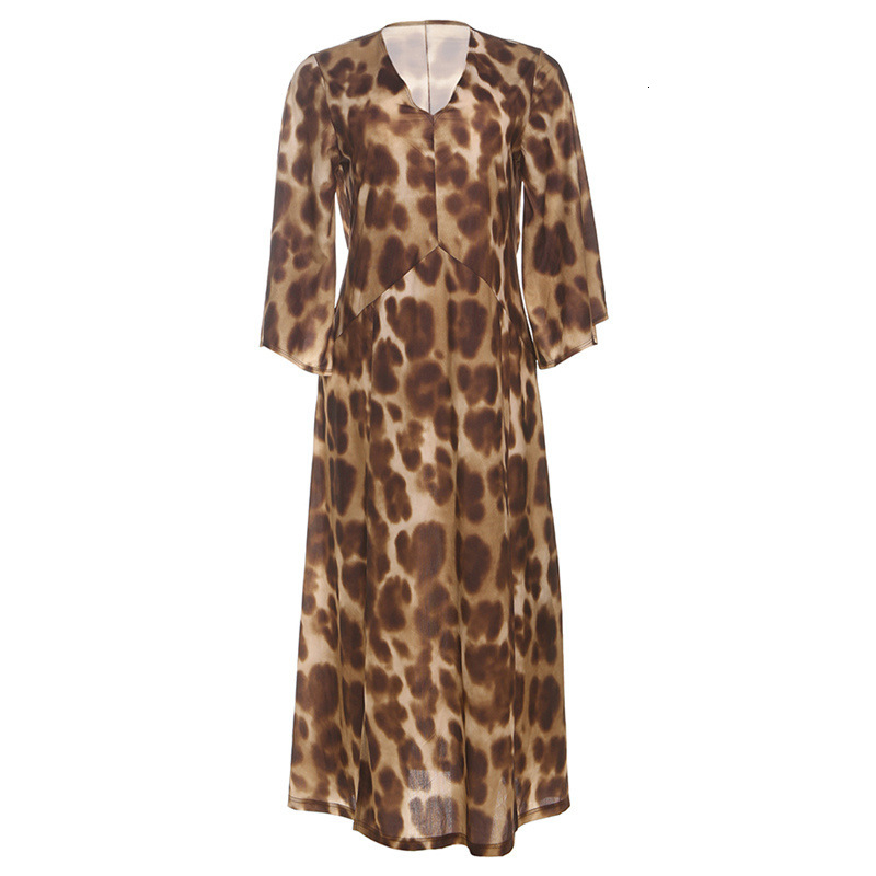 2025 Autumn New Womens Fashion Leopard Print V-Neck Slit Casual Loose Long Sleeve Dress