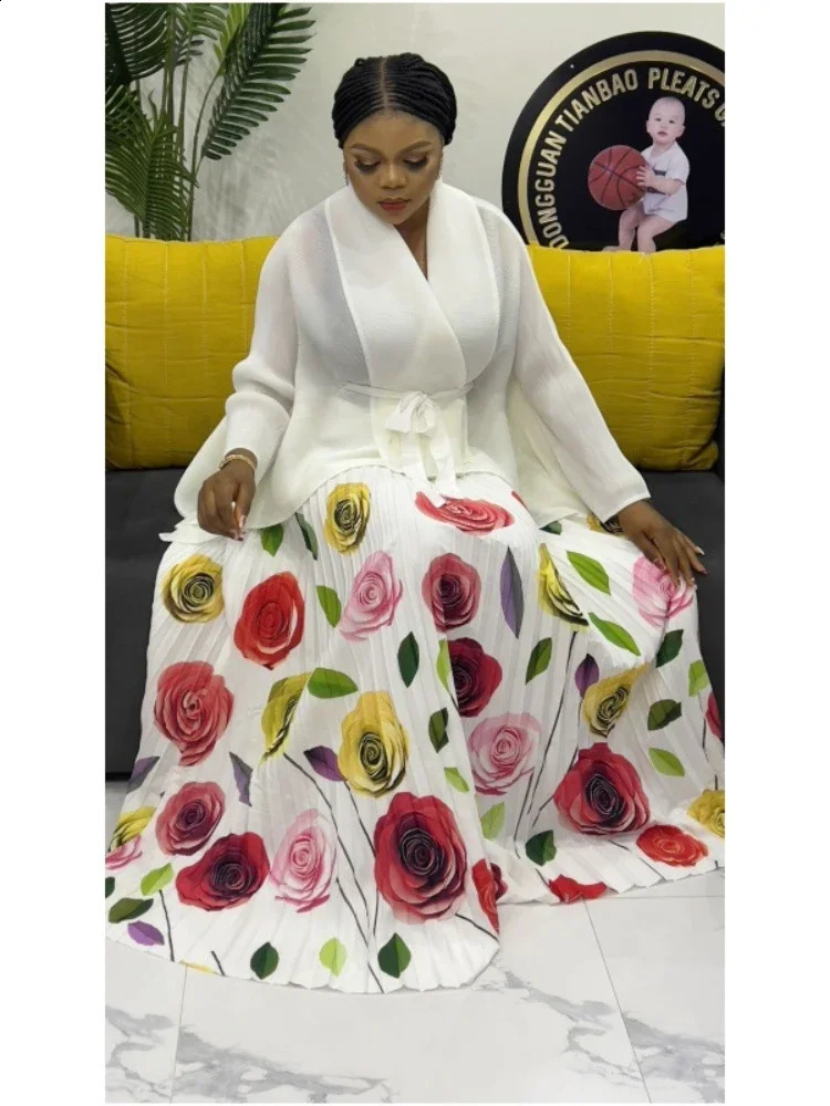 Elegant Party 2 Piece Set Women Belt Batwing Sleeves Tops A-line Print Folds Long Skirt Fashion Autumn Sets 2AN1390 250808