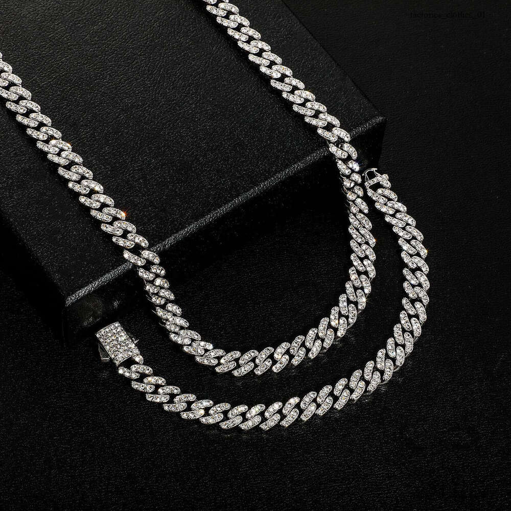 New Color-Retaining Plated Rhinestone 8MM Cuban Chain Hip-Hop Necklace Bracelet Unisex Trendy Rap Accessories