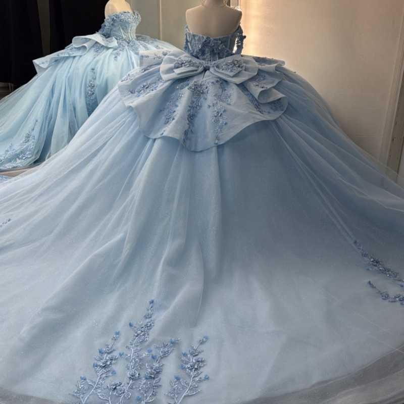 Sky Blue Shiny Quinceanera Dresses Off The Shoulder Applique Lace Beads Bow Tull Corset Ball Gown Vestidos De 15 Anos Sweet 16 Dress