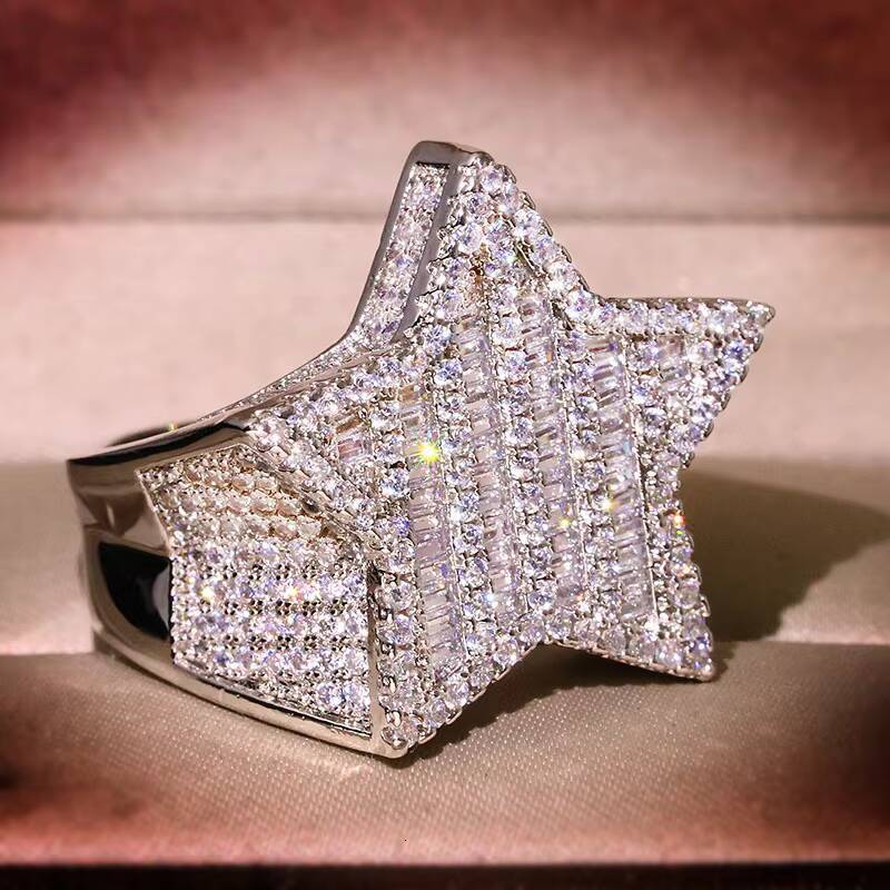 Hip Hop Rings for Men Five Star Rings Gold Silver Color Iced Out Moissanite Jewelry Ring Gifts for Couple Jewelry Women