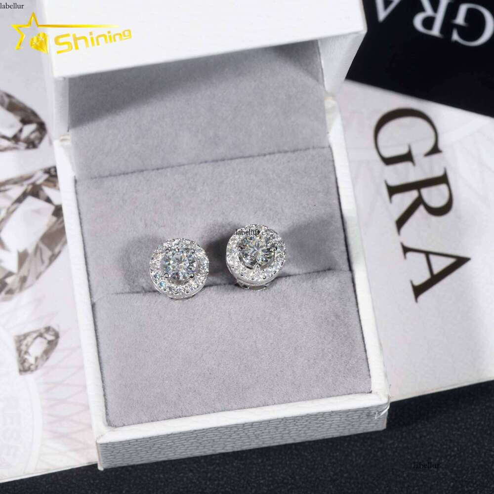 Hip Hop Jewelry Pass Tester Sterling Sier Round Halo VVS Dia Moissanite Stud Earrings