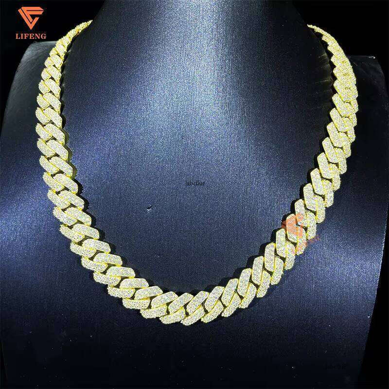 14Mm 2-Row Pure Sier Gold-Plated Vvs Cuban Chain Men's Chilled Hip-Hop Moissanite Fine Necklace