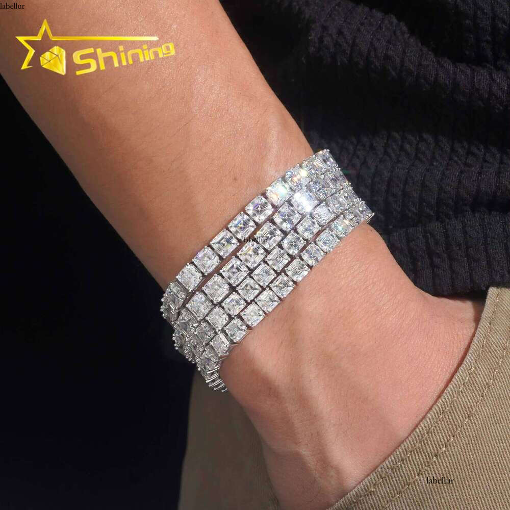 New Stocks Sier Rhodium Plated Men Women Tennis Hip Hop 5mm 6mm Asscher Cut Moissanite Dia Bracelet