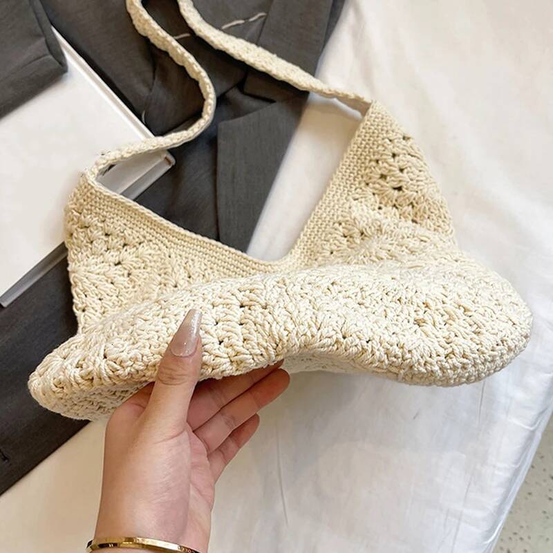 Summer Straw for Women Underarm Shoulder Bags Woven Top Handle Hollow Raffia Crochet Beach Bag Casual Handbags
