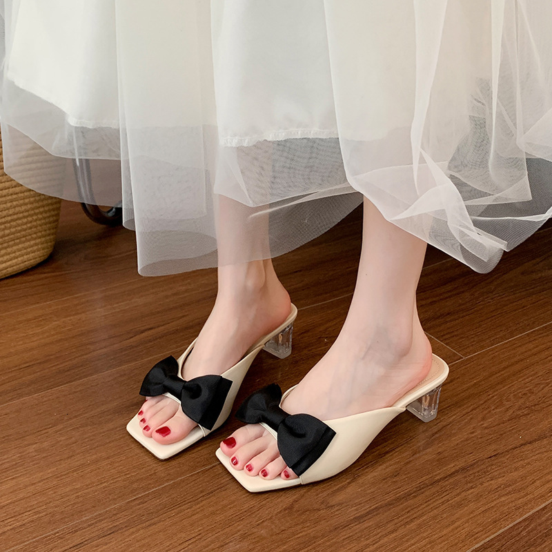 Summer high-end sandals new butterfly knot thick heel sandals half mule size plus width women's shoes designer sandals designer women's shoe