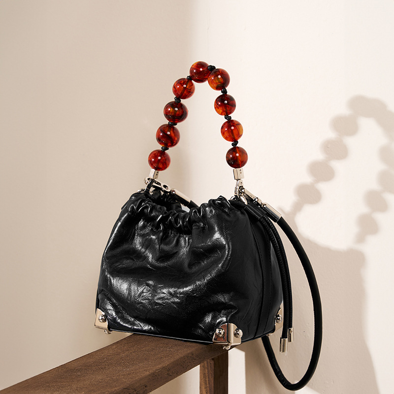 New Chinese Style Beaded First Layer Cowhide Hand-Grasped Flower Pleated Lucky Handbag Shoulder Crossbody Women's Bag