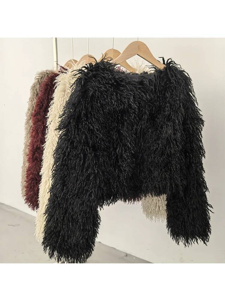 Mumaroho 2025 Winter Autumn Faux Fur Cropped Coat Solid Long Sleeve Thick Warm Outwear Fluffy Short Jacket Women