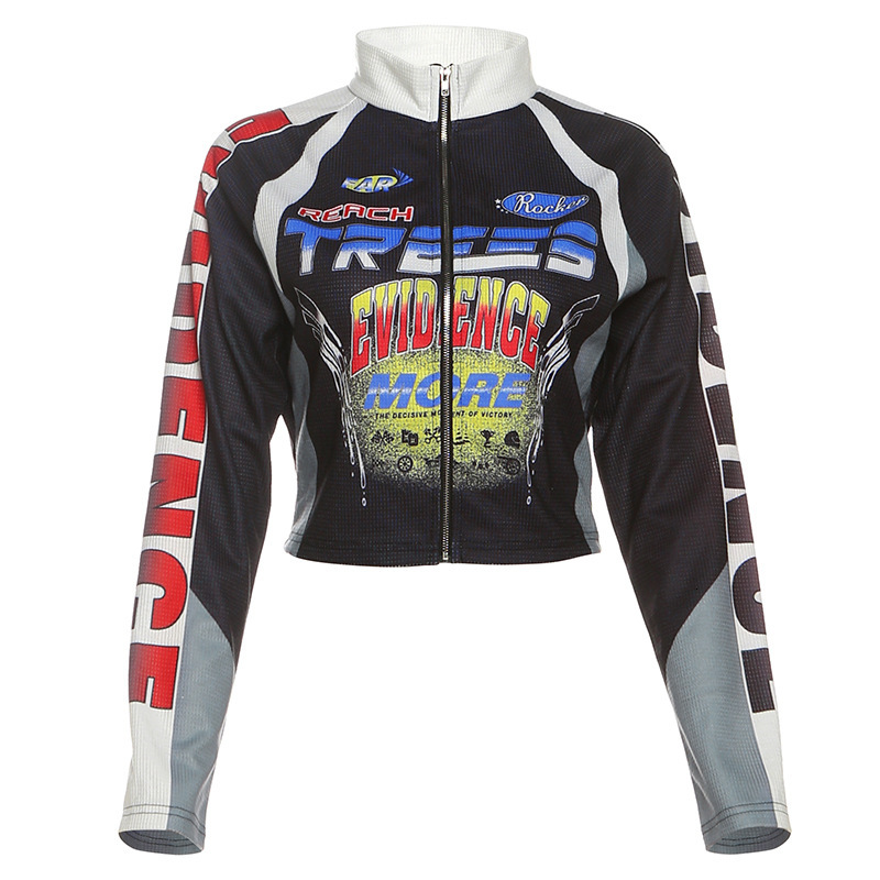 2025 Autumn New Style Slim Fit Half High Collar Printed Color Block Motorcycle Short Zipper Jacket for Women