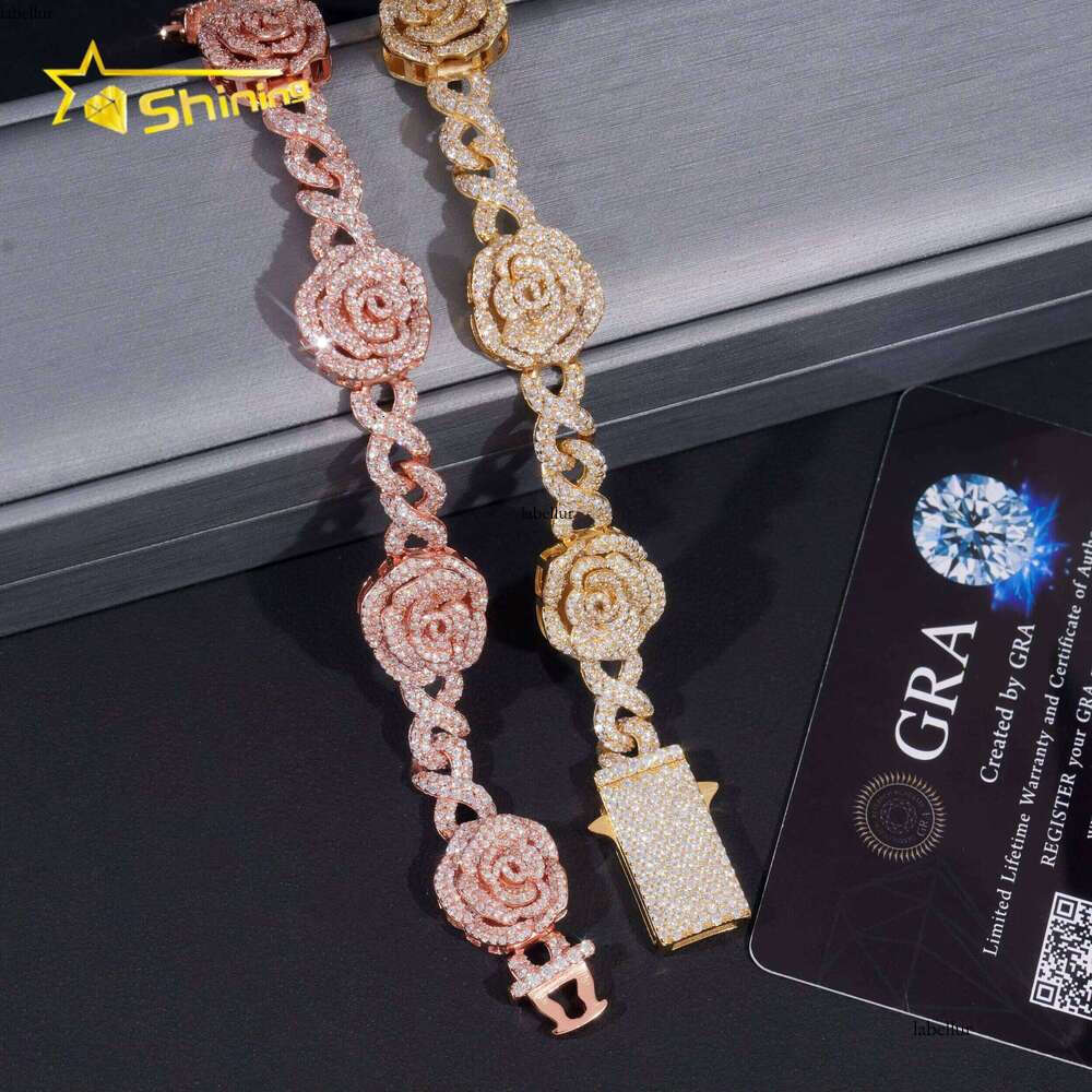 Romantic Rose 3D Gold Plated Iced 16Mm Sterling Sier Hip Hop Unlimited Chain Bracelet