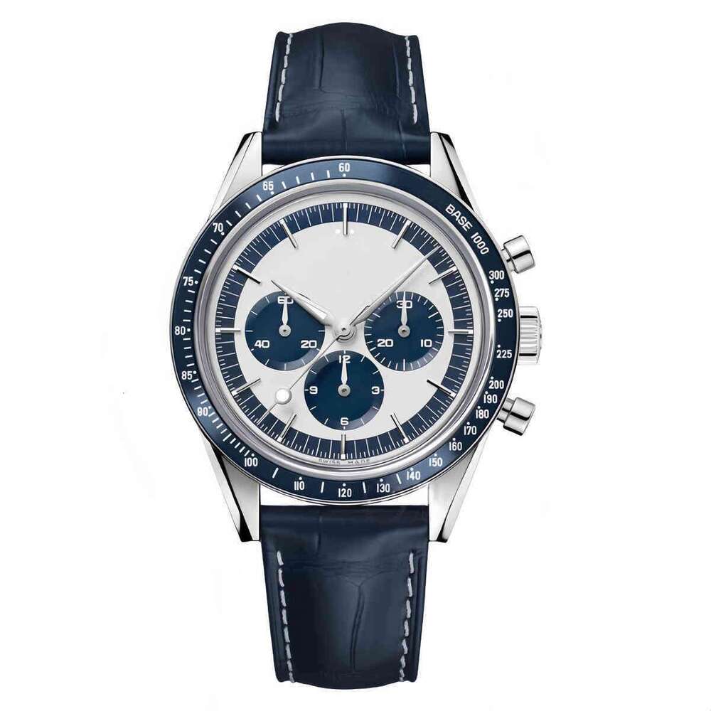 OME Men's Chronograph Luxury Manual Mechanical Watch Silver Dial Blue Leather Strap Interchangeable Steel Bracelet Waterproof 50m Sapphire Crystal Dress Watch