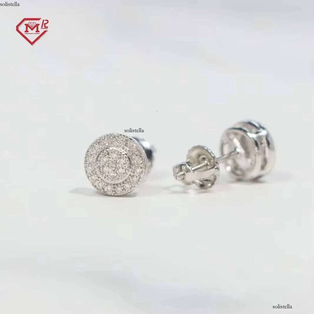 Hip Hop Mens Iced Out Sterling Sier Round Screw Back Cluster Moissanite Earrings