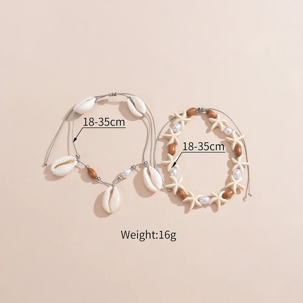 2Pcs Stylish Ocean Breeze Natural Shell Starfish Wood Beads Pearl Woven Adjustable Womens Anklets for Party Vacation Gift 250807