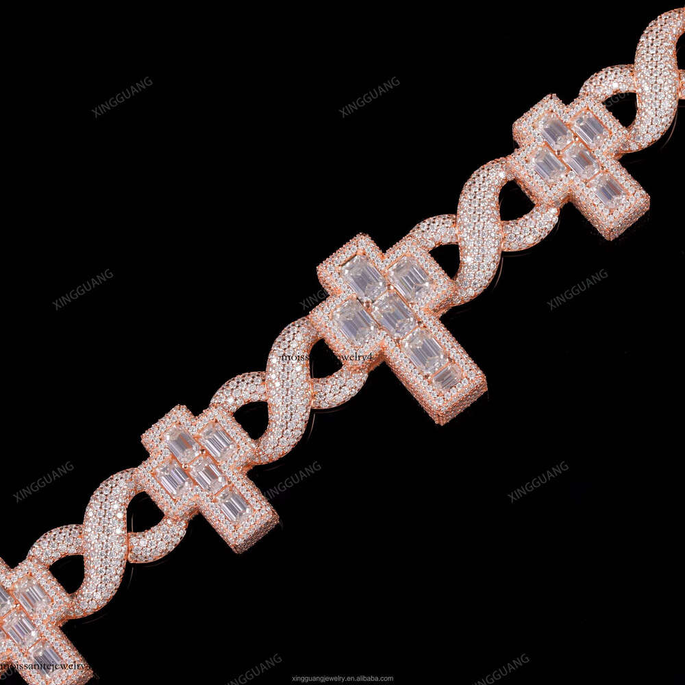 Rapper Style Ice Out 13mm Infinite Cuban VVS Baguette Moissanite Cross Hiphop Necklace S Rose Gold Plated Dia Chain