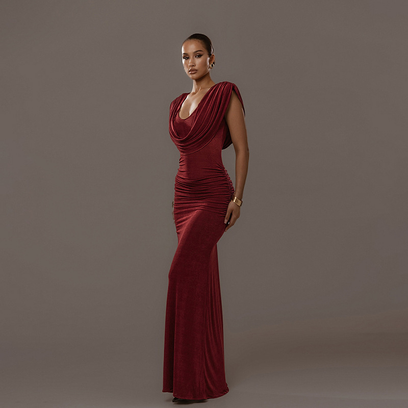 2025 Autumn New Womens Fashion Elegant Waist-Cinching Ruched Design Swing Collar Solid Color Dress