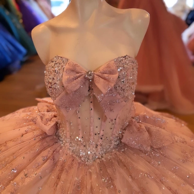 Pink Shiny Quinceanera Dresses Off The Shoulder Sequin Lace Applique Beads Bow Tull Ball Gown Birthday Party Sweet 16 Dress Vestidos De 15 Anos