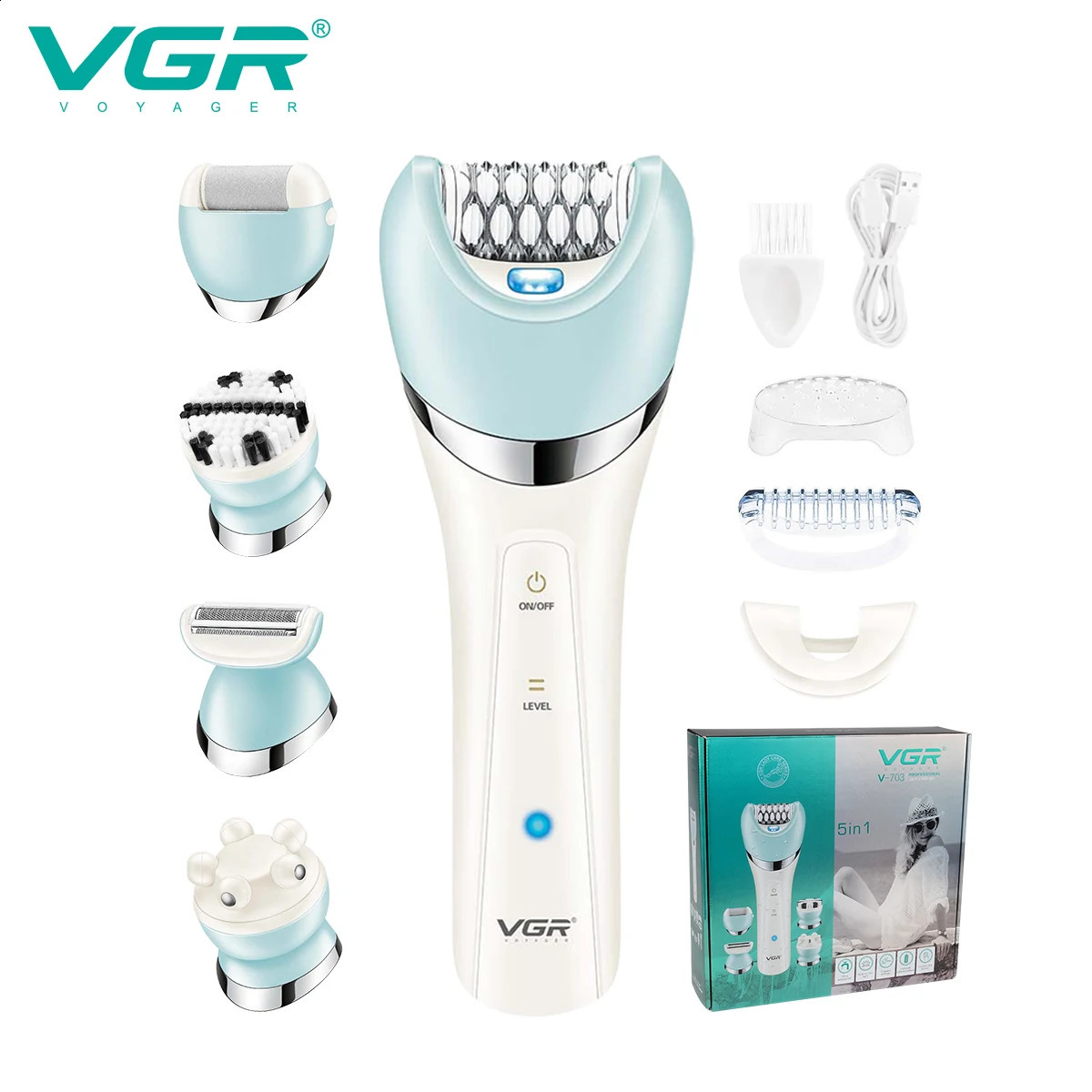 VGR Epilator 5 In 1 Electri Women Epilator Female Shaver Leg Body Hair Remover Lady Bikini Trimmer Cleaning Massage V-703 250805
