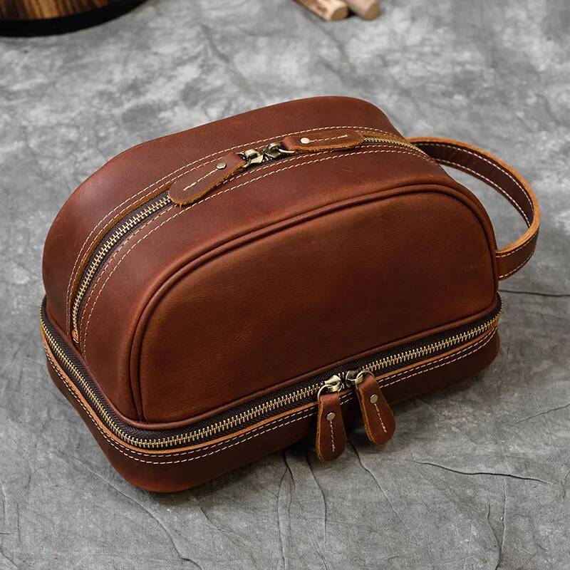 Newsbirds Thick Leather Clutch Bag mens wash storage genuine leather Toiletry kits bag real cowskin make up day clutch