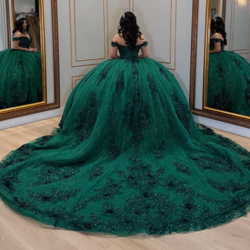 Blackish Green Shiny Quinceanera Dresses Off The Shoulder Applique Flower Beads Tull Ball Gown Vestidos De 15 Anos Sweet 16 Dress