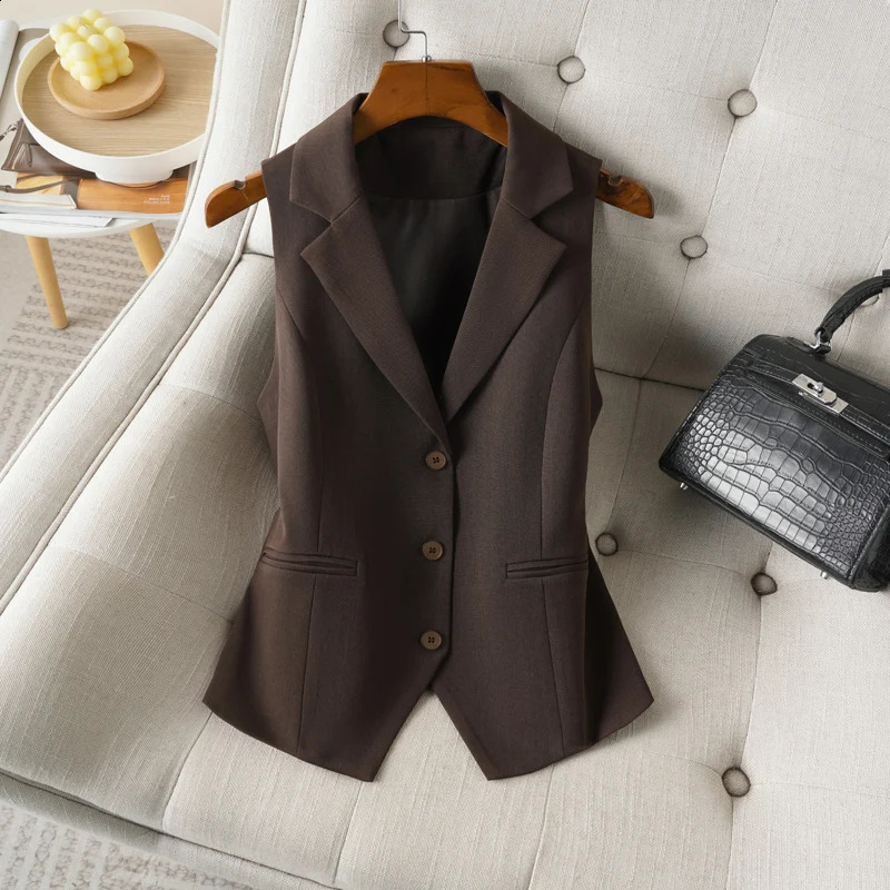 Brown Suit Vest for Women Spring and Autum Short SingleBreasted Slim Workplace Elegant Sleeveless Top Jacket 250809