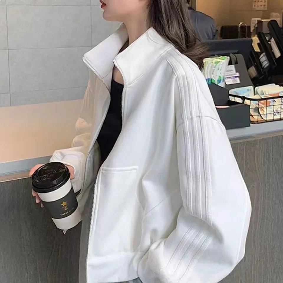 Short Sweatshirt Jacket Womens Autumn Winter Student Versatile Three Stripe Loose Fit Casual Style Of The S 250809