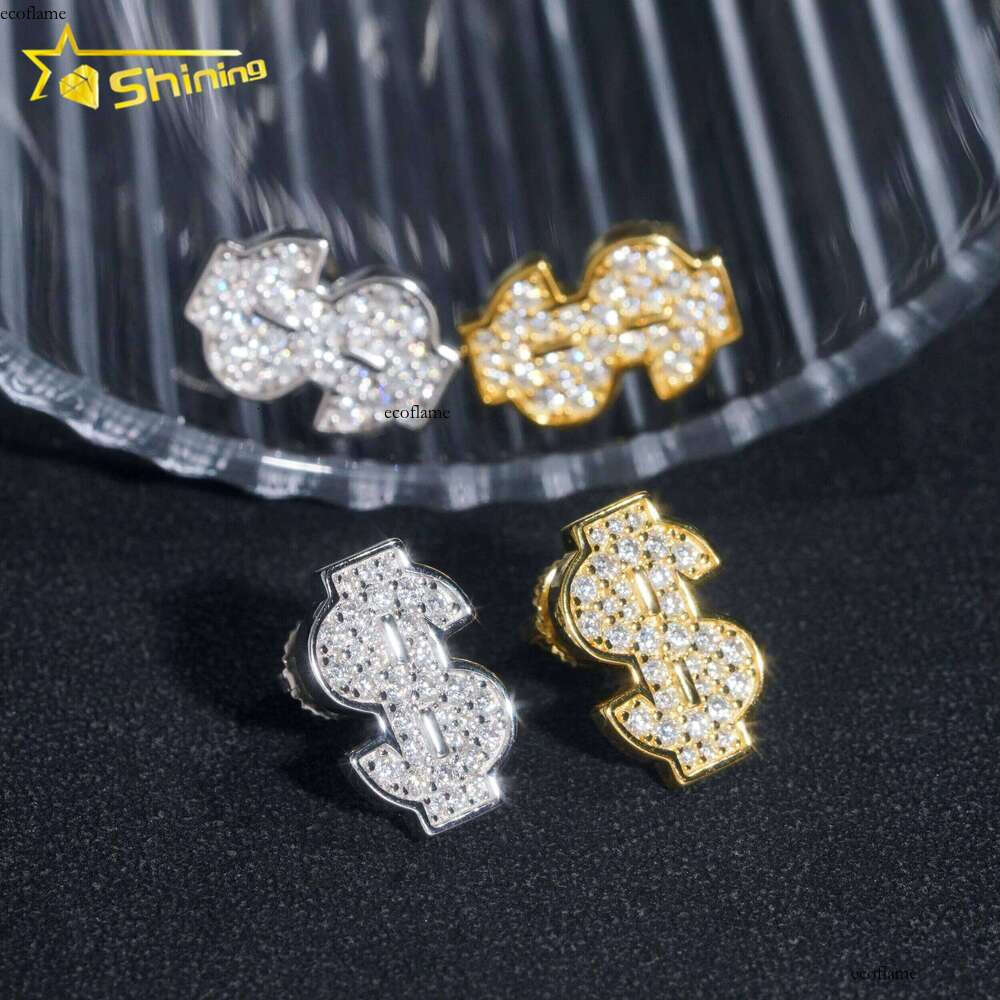 Tester Certified RTS Hip Hop Jewelry Sier Gold Plated VVS Dia Moissanite Stud Earrings Dollar Sign