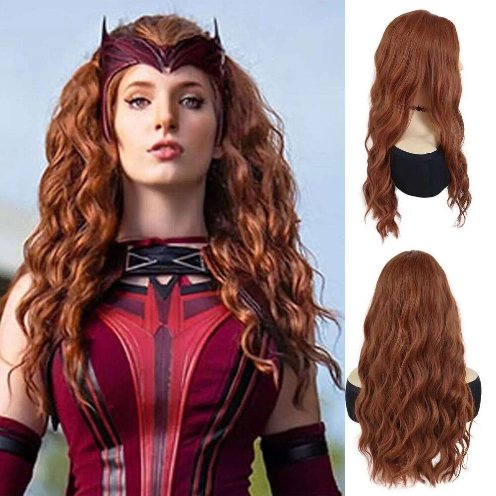Synthetic Red Long Hair Scarlet Witch Wanda Maximoff Cosplay Wigs for Women Middle Part Curly Wavy Wig Natural Looking Party