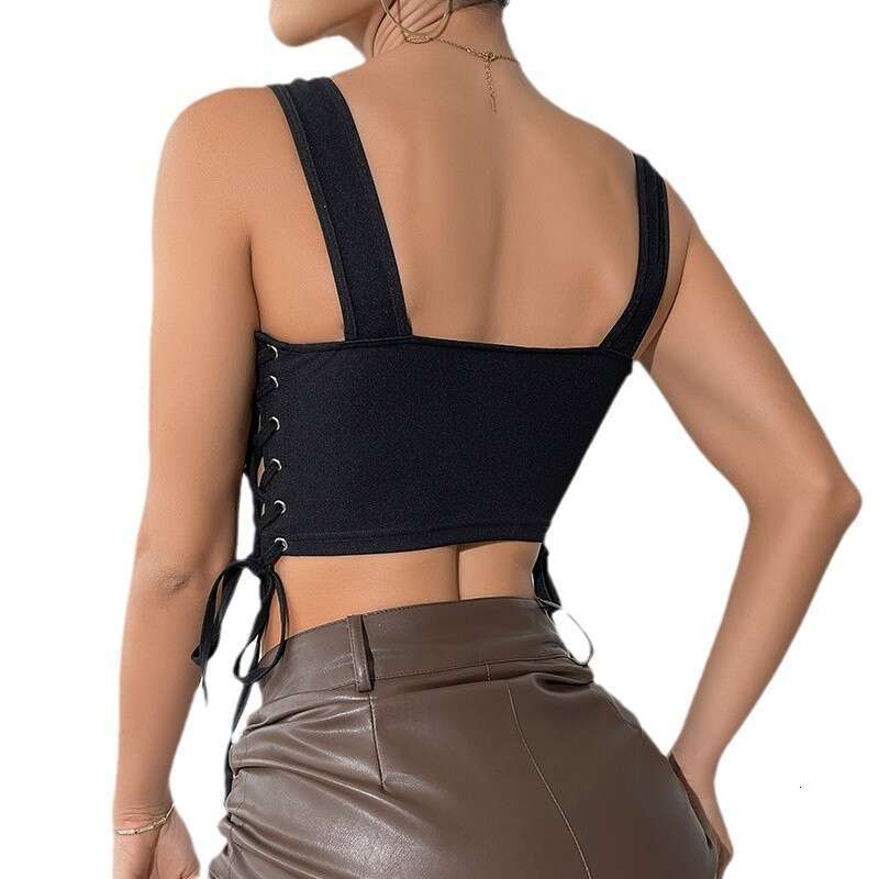 Pure Desire Tie Waist Cincher Slim Fit Black Tight Fishbone Corset Sexy Strap Tank Top