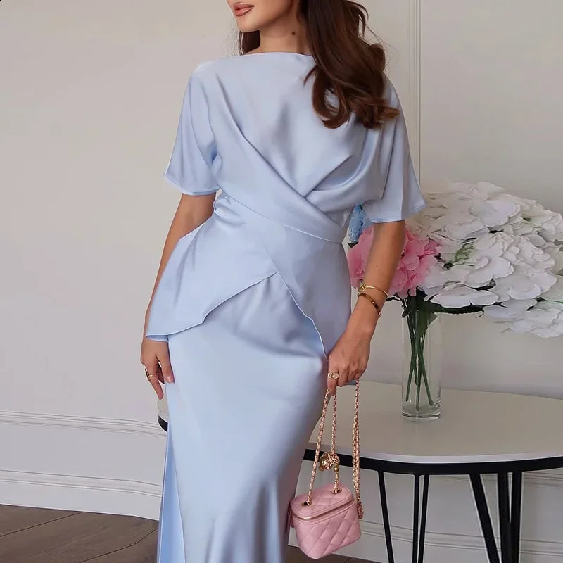 Spring Summer Satin Long Dress Suit White Elegant Crew Neck Cross Tie-up Top Bodycon Skirt Set 2 Piece Chic Solid Woman Outfit 250808