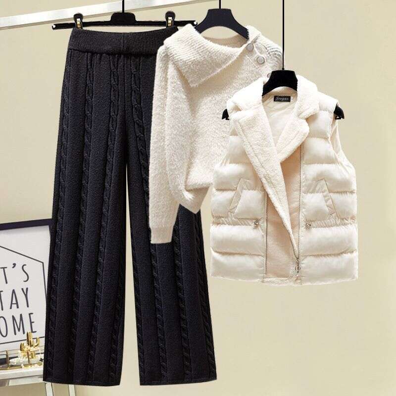 Women's Clothing Autumn And Winter Three Piece Suit Designer Sweater, Thickened Slim Vest Coat, High Waist, Cable Pattern, Wide Leg Casual Pants