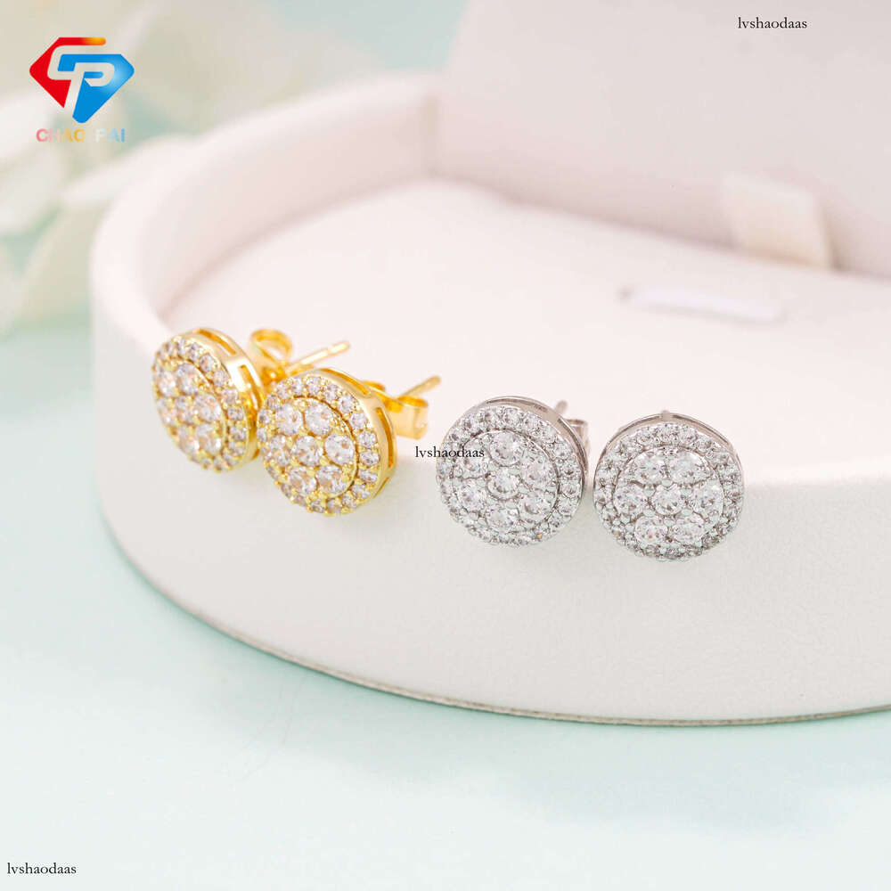 ICED OUT Hip-Hop Sier Gold-Plated 10mm Moissanite Full Inlay Unisex Round Earrings