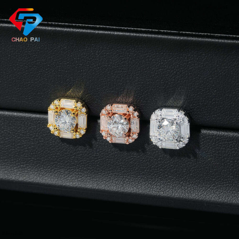 Hip-Hop Personality Trendy Style Unisex Square Moissanite Jewelry Electroplated Gold and Sier Stud Earrings