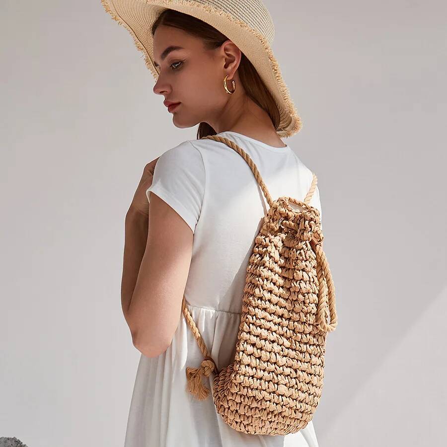 Summer Straw Backpack for Women Handmade Drawstring Beach Shoulder Bags Raffia Rattan Woven Travel Handbags bali lady backpacks
