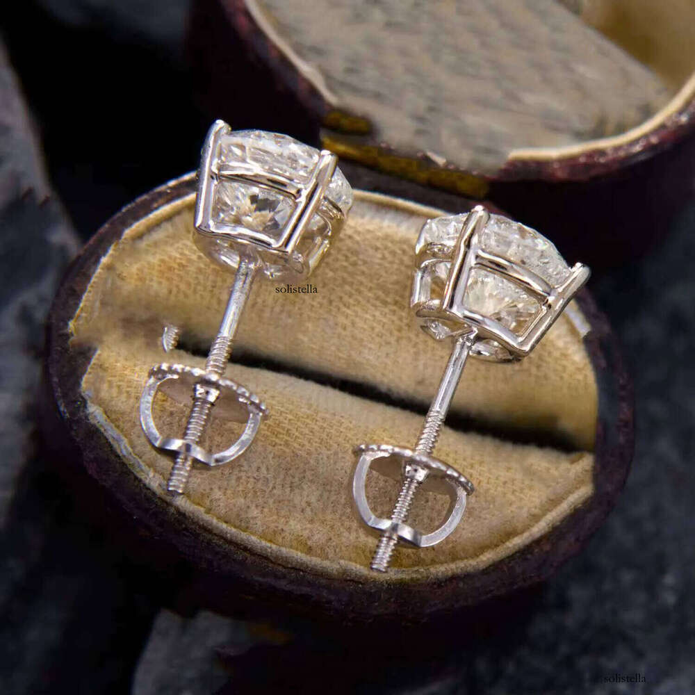 Sterling Sier 14K White Gold Screw Back Pass Dia Tester Certified Round Moissanite Stud Earrings