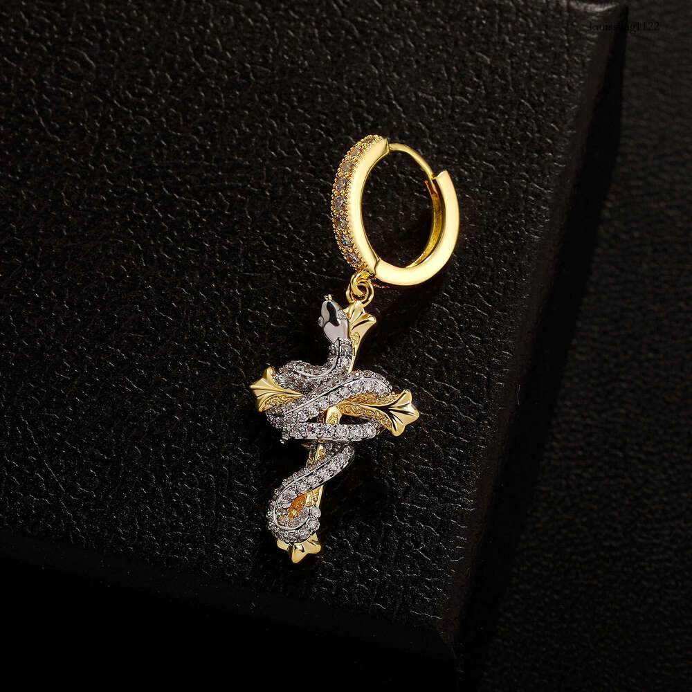 Year of the Carved Two-tone Cross Full Zircon Domineering Snake Unisex Non-fading Earrings
