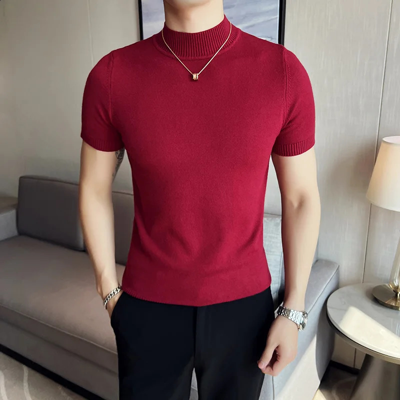 7 Colors Half High Collar Men Sweater Autumn Short Sleeve Solid Color T Shirt Slim Fit Knitted Pullover Homme 250809